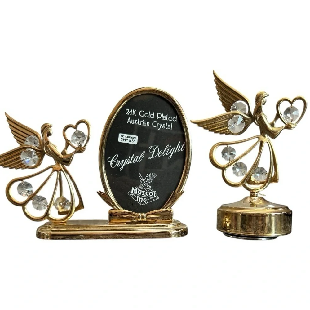 MOSCOT INC 24K Gold Plated Austrian Crystal Picture Frame, Music Box Angel Set